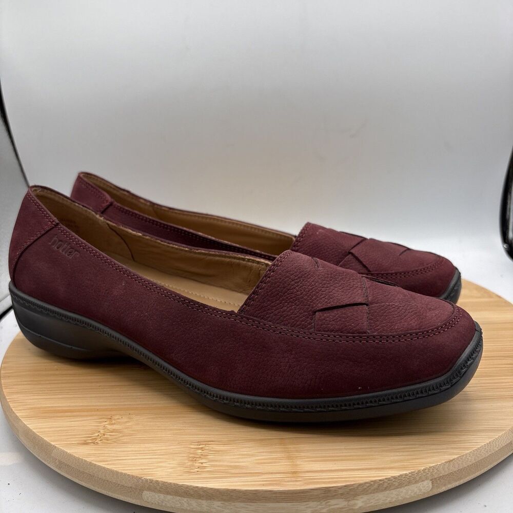 Hotter Havana Women's US 10 Low Wedge Loafer Burgundy Nubuck Woven Leather Toe